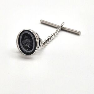 🟢3/$19🟢 Maple Leaf Onyx Carved Tie Tack Signed with a Bell Shape Silver Black